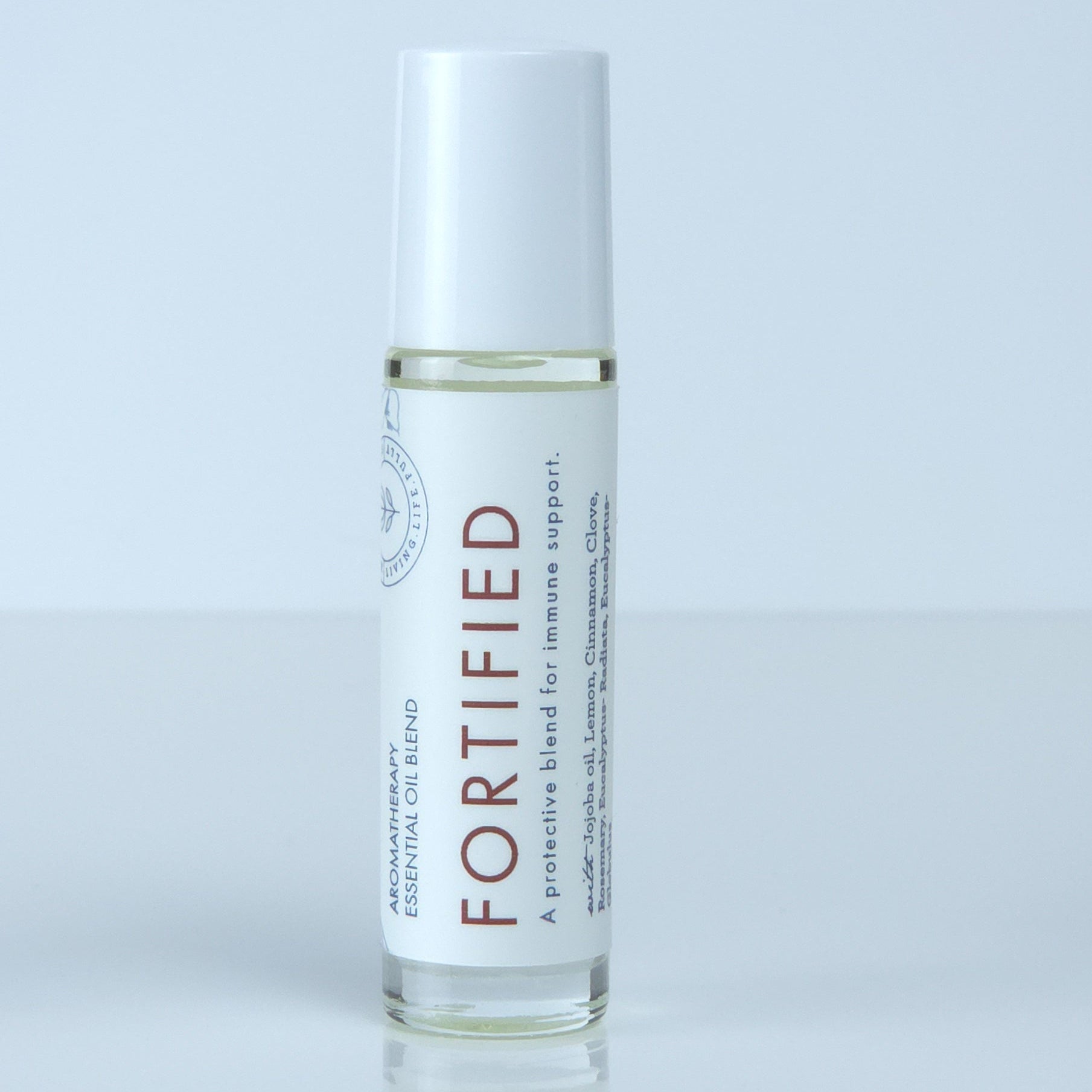 Roll-on bottle labeled 'Fortified' for immune support on a light gray background