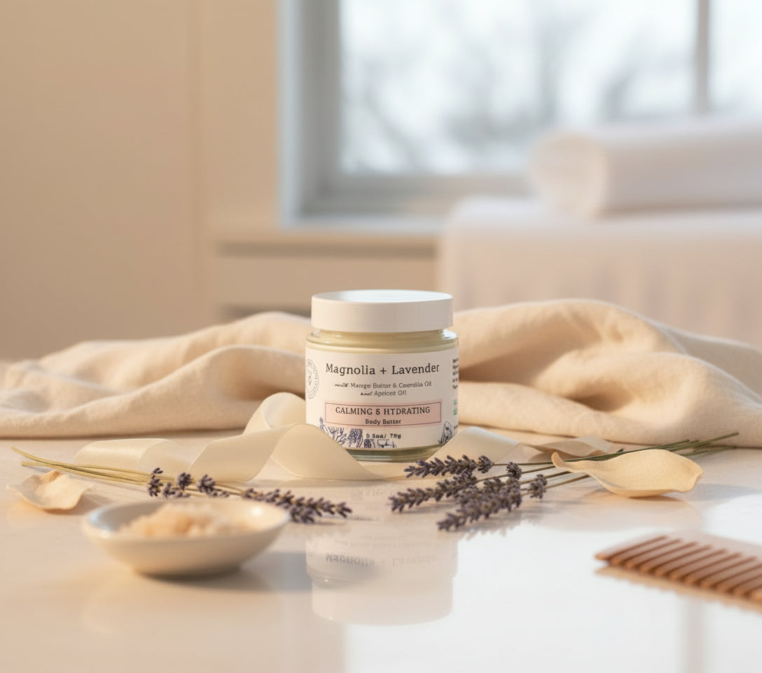 Jar of Magnolia + Lavender body butter on a white background