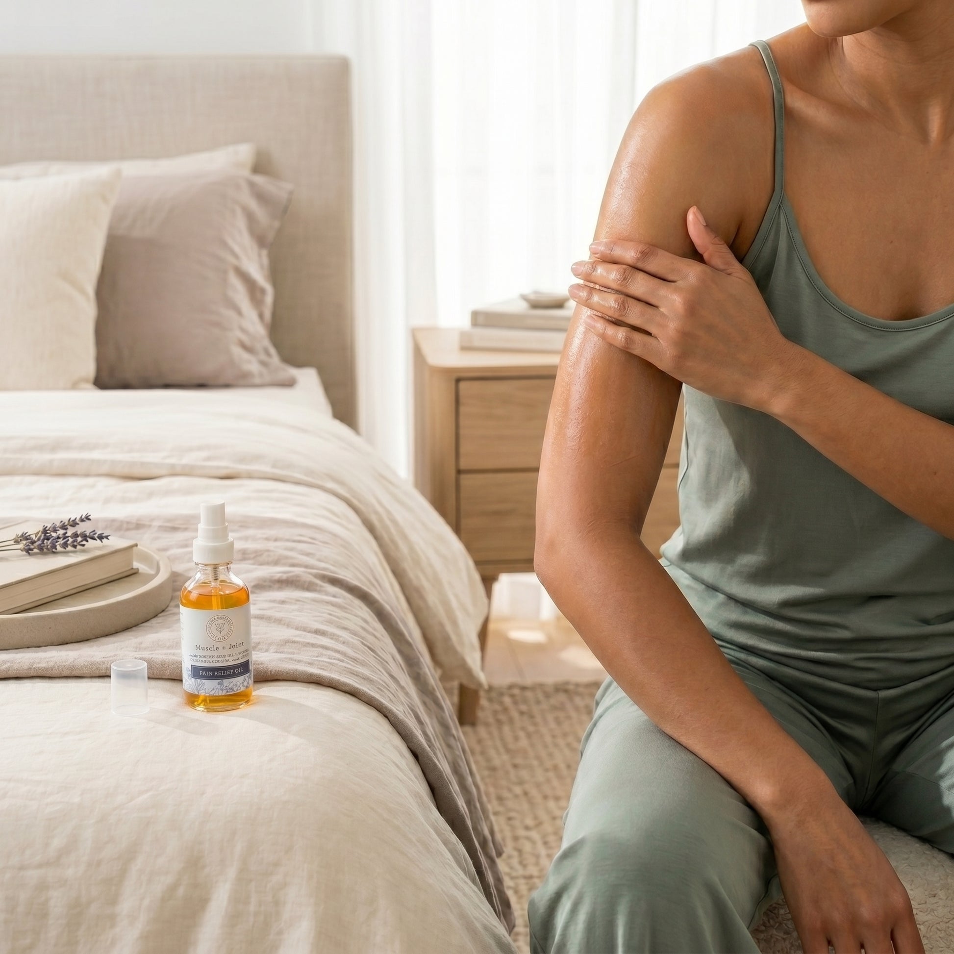 Woman applying lotion to her arm in a bedroom with a bottle of lotion on the bed.