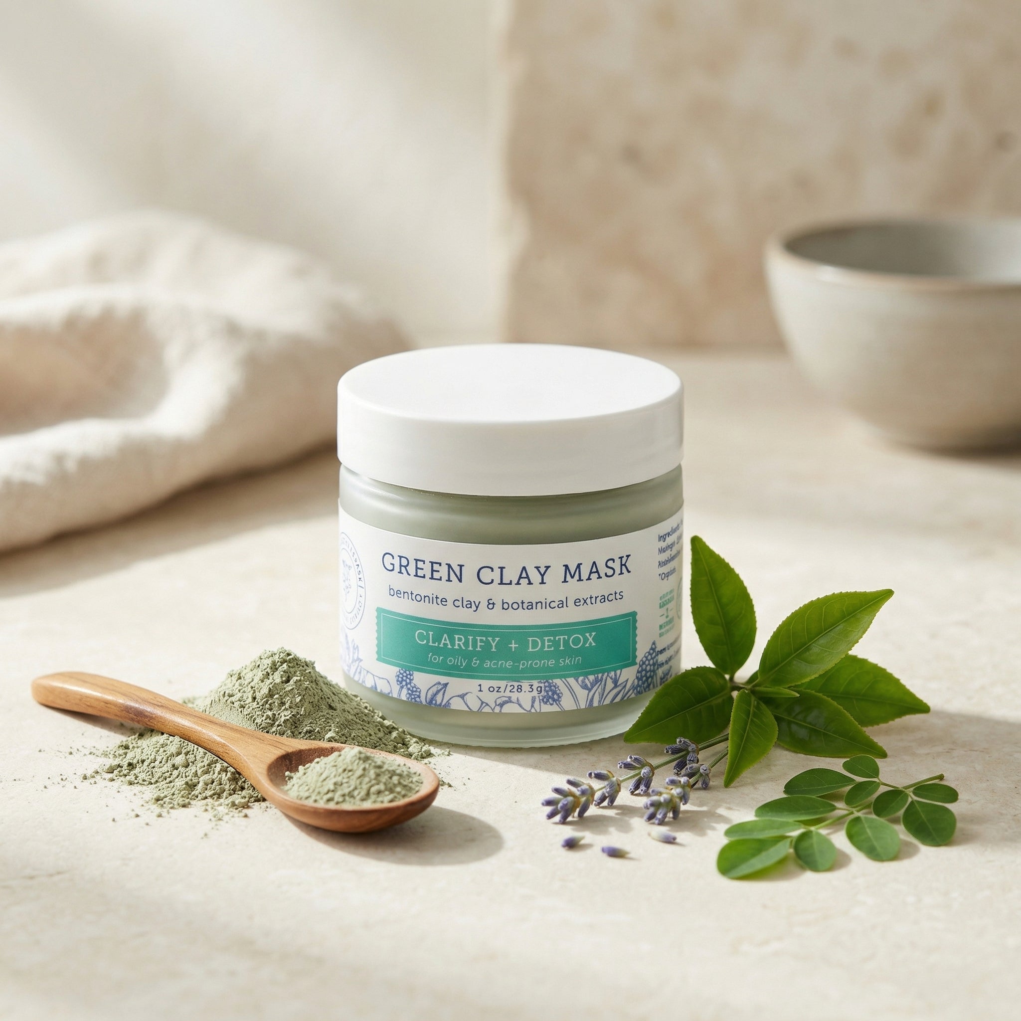 Green clay mask jar with ingredients on a neutral background