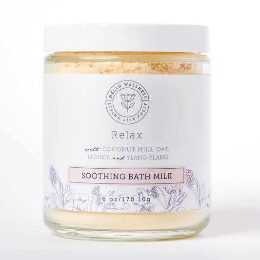 Relax Soothing Coconut Bath Milk by Hello Wellness. Soak & ease tired limbs, dry skin, & busy mind.