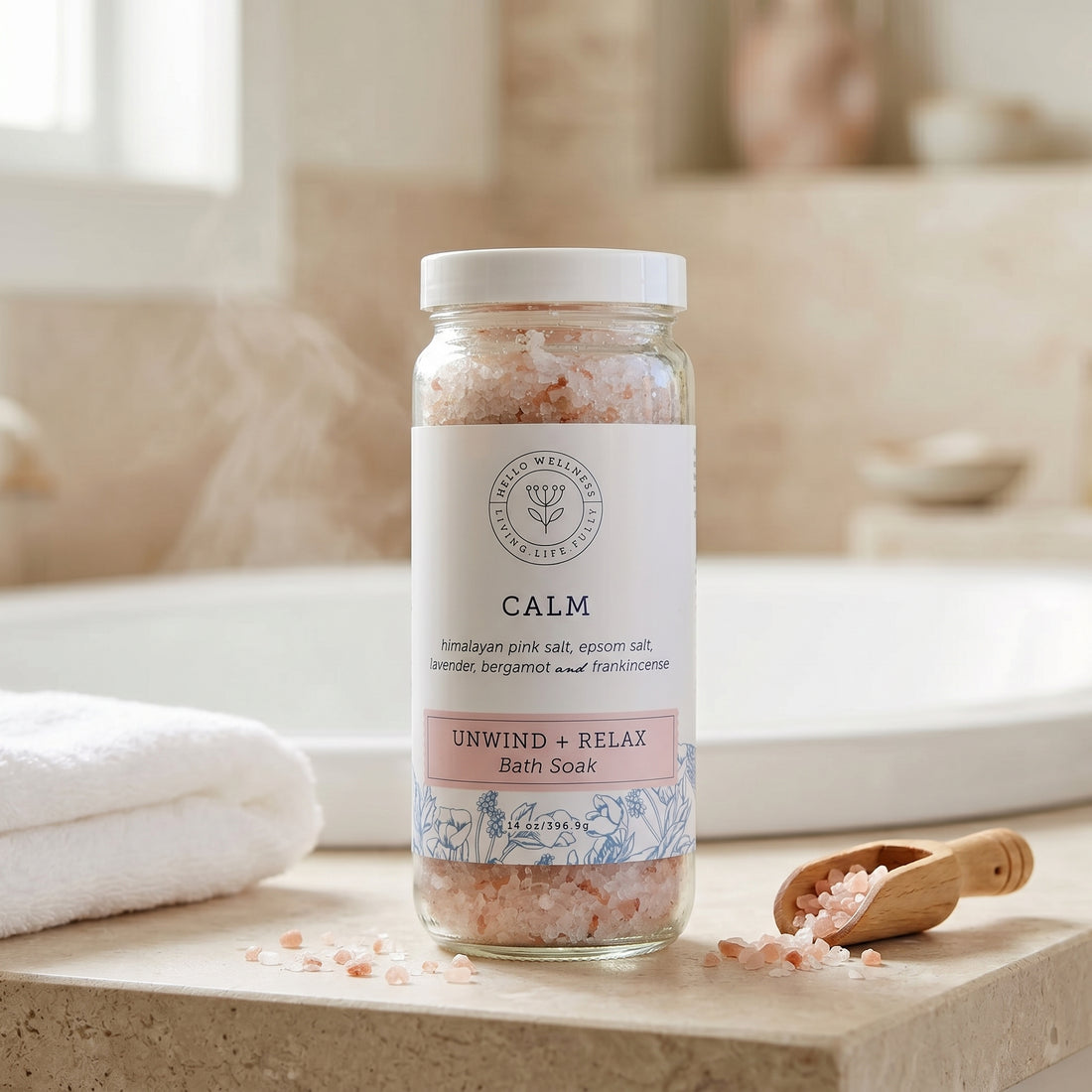 A glass jar of Calm Unwind + Relax Bath Soak filled with pink salt crystals, set on a stone surface next to a folded white towel and a small wooden scoop, with a softly blurred bathroom background.