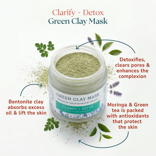 Green clay mask jar with text highlighting benefits on a white background