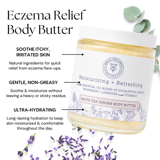 White Tea Ginger Body Butter for Eczema Relief. Soother itchy irritated skin, gentle , non-greasy, ultra-hydrating.