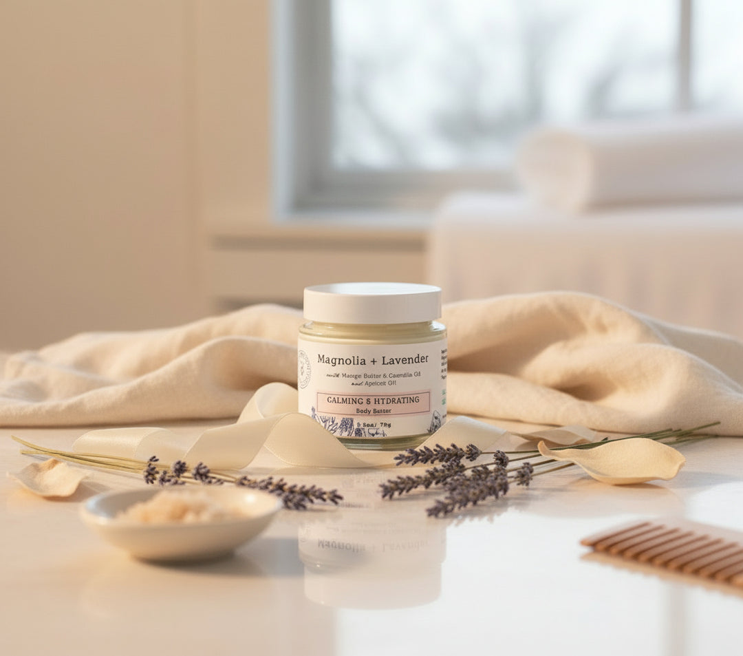 Jar of Magnolia + Lavender body butter on a white background