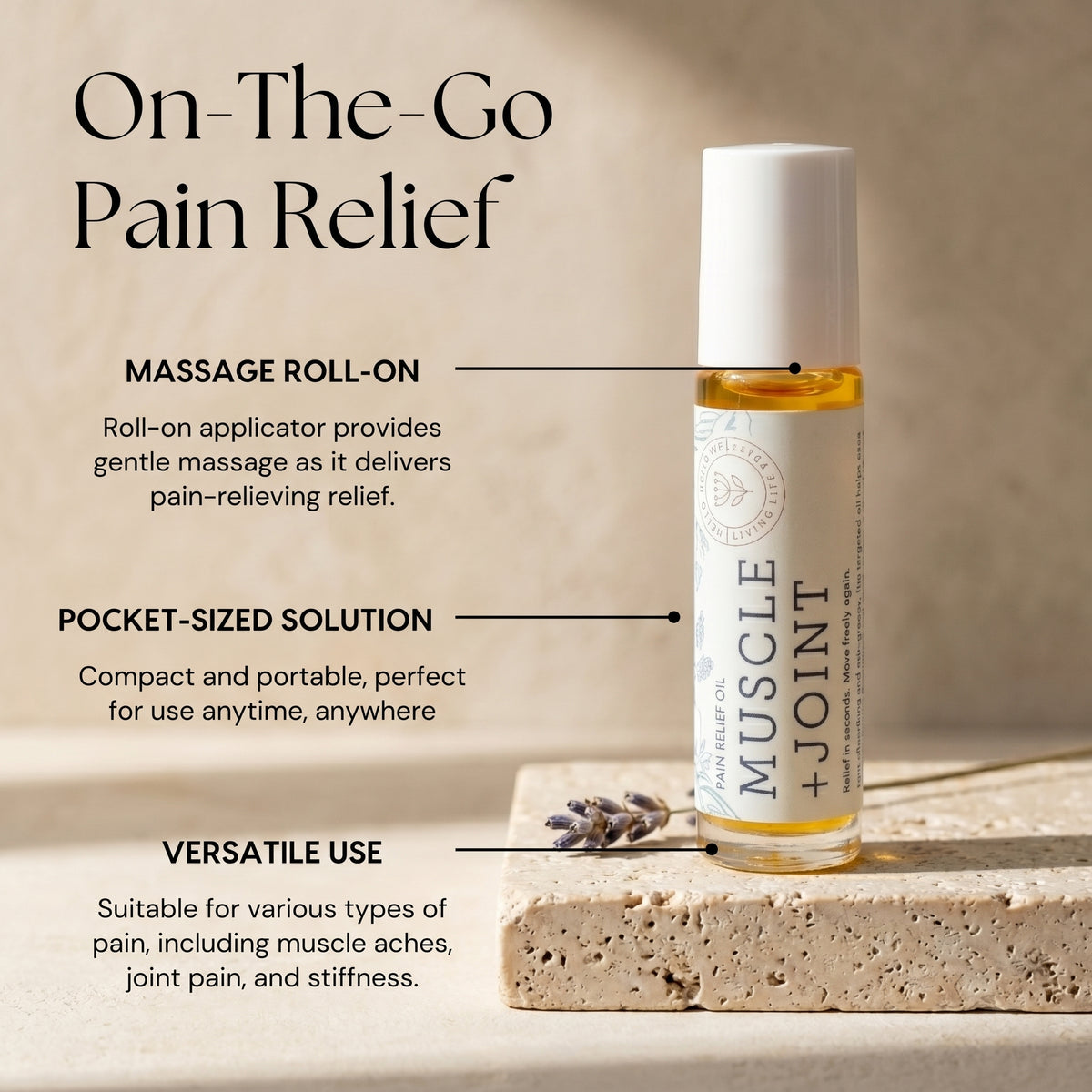 Massage roll-on bottle labeled 'Muscle + Joint' with features highlighted on a neutral background