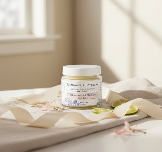 Jar of Palmarosa + Bergamot body butter on a white background