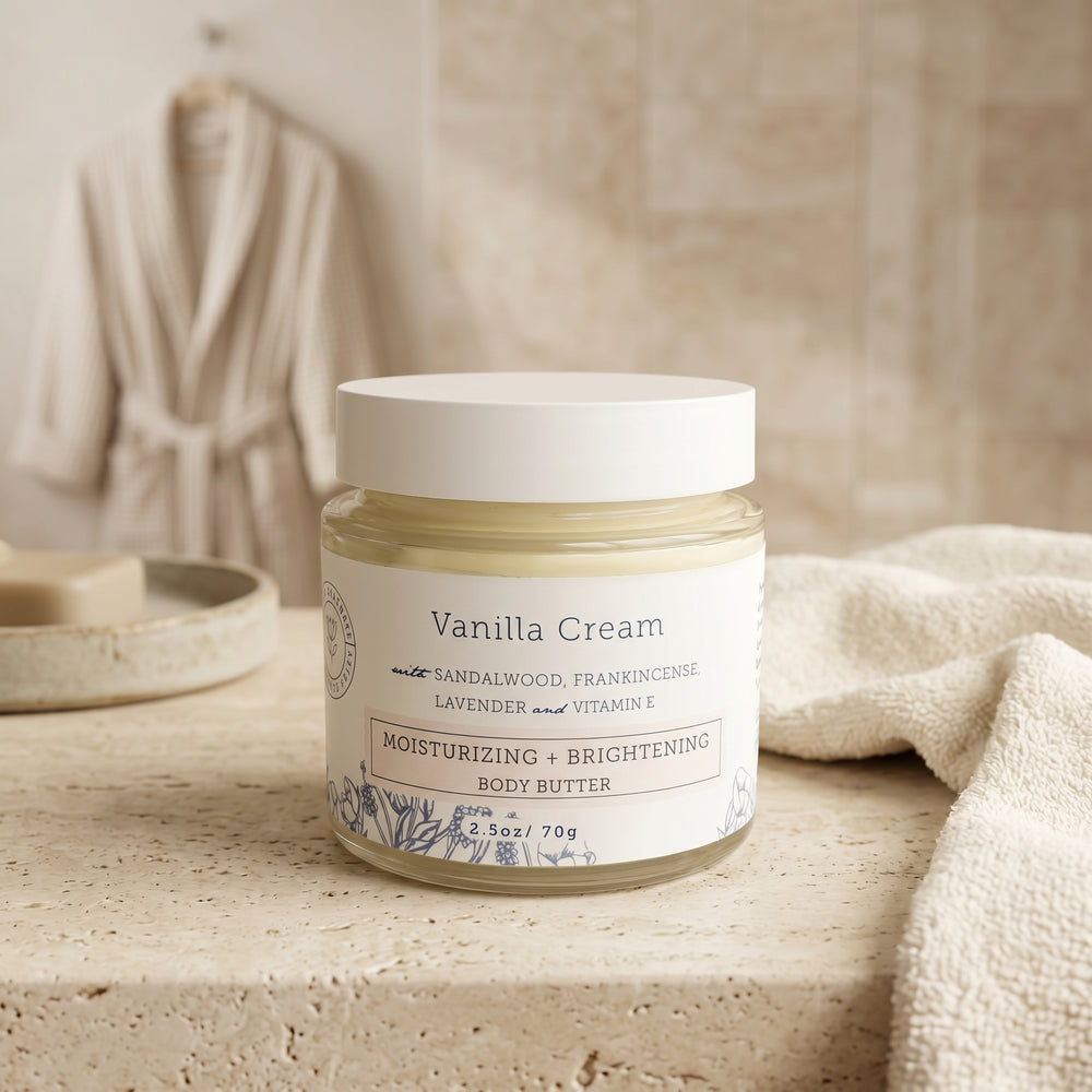 Jar of Vanilla Cream body butter on a neutral background