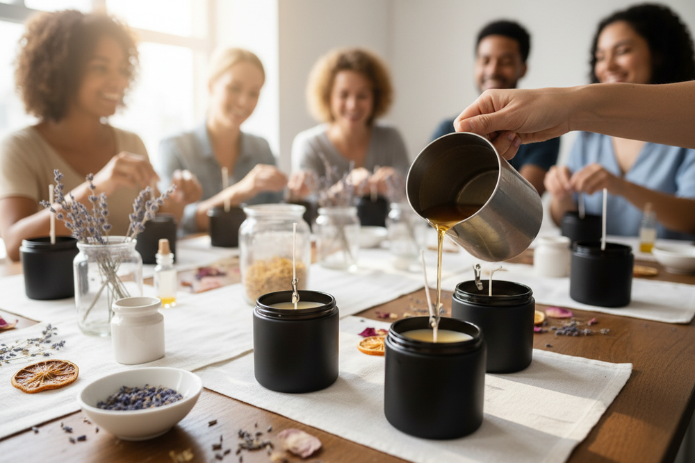 Bright, close-up view of hands pouring candle wax into glass jars during a candle-making workshop. Multi-racial, mixed-gender participants in the background, softly out of focus. Warm, clean lighting with natural daylight. Wooden tables, low profile black jars, wicks, dried botanicals, and linen accents. High-resolution lifestyle photography, cozy yet crisp.