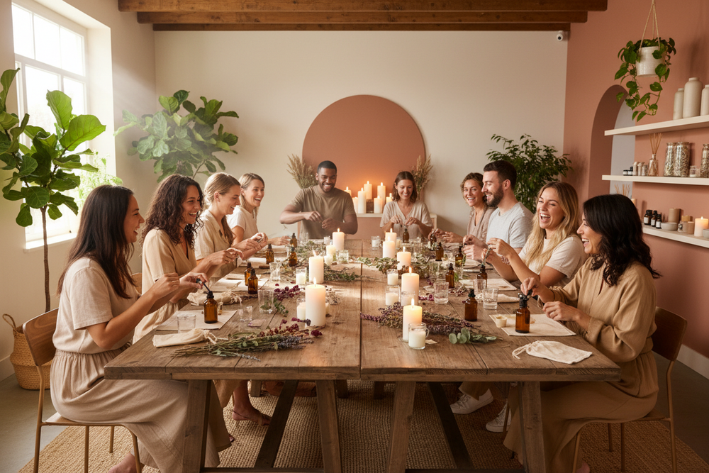 Bright, warm candle and aromatherapy workshop in a beautifully lit space. Fourteen multi-racial, mixed-gender participants gathered around long wooden tables, smiling, laughing, and actively engaged. Natural light mixed with soft candlelight creates an inviting, uplifting glow.

Participants blend essential oils and pour candles using glass jars, amber bottles, dried botanicals, and linen accents. Modern wellness studio feel with neutral earthy tones, natural textures, and subtle greenery. High-resolution l