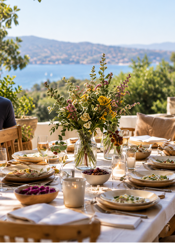 A beautifully set outdoor dining table with a large floral centerpiece, plates, candles, and glassware, set against a scenic background of a blue sea and mountains.