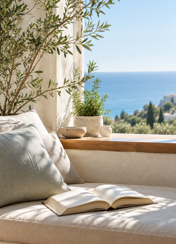 A cozy beige cushioned daybed with light gray pillows and an open book, set by a window overlooking a scenic blue sea and green trees, with olive branches in the foreground.