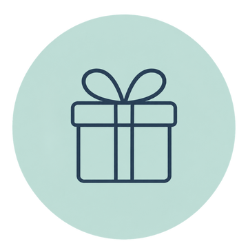 A minimalist dark blue line icon of a wrapped gift box centered inside a pale mint green circle on a white background.