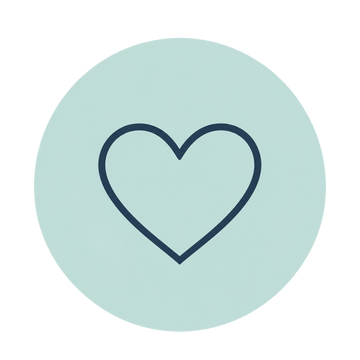 A minimalist graphic featuring a dark navy blue outline heart centered inside a light pastel blue-green circular badge on a solid white background.