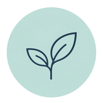 A minimalist icon of a two-leaf sprout centered inside a light mint green circle on a solid white background.