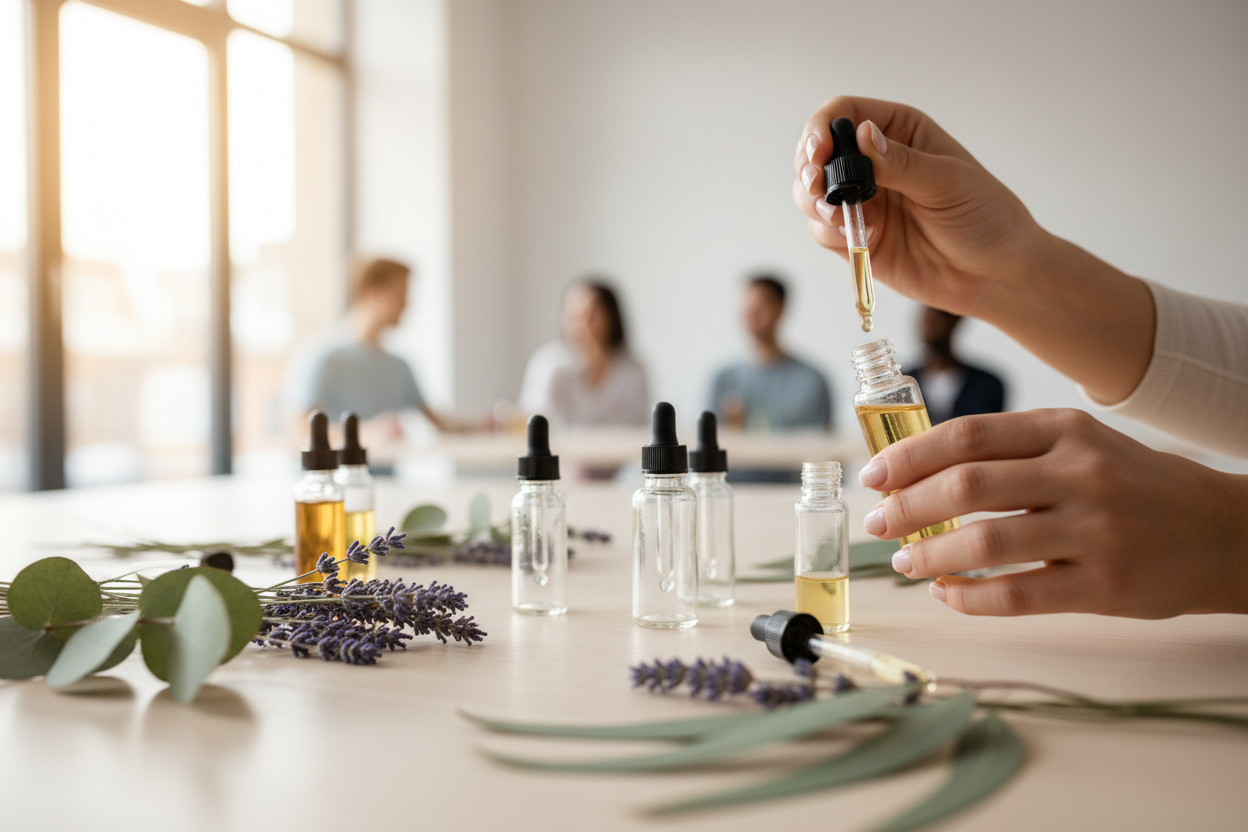 Minimal close-up of hands filling clear glass rollerball bottles with essential oils. Clean wooden table, droppers, soft botanicals. Bright natural light, modern wellness studio, diverse participants softly out of focus.