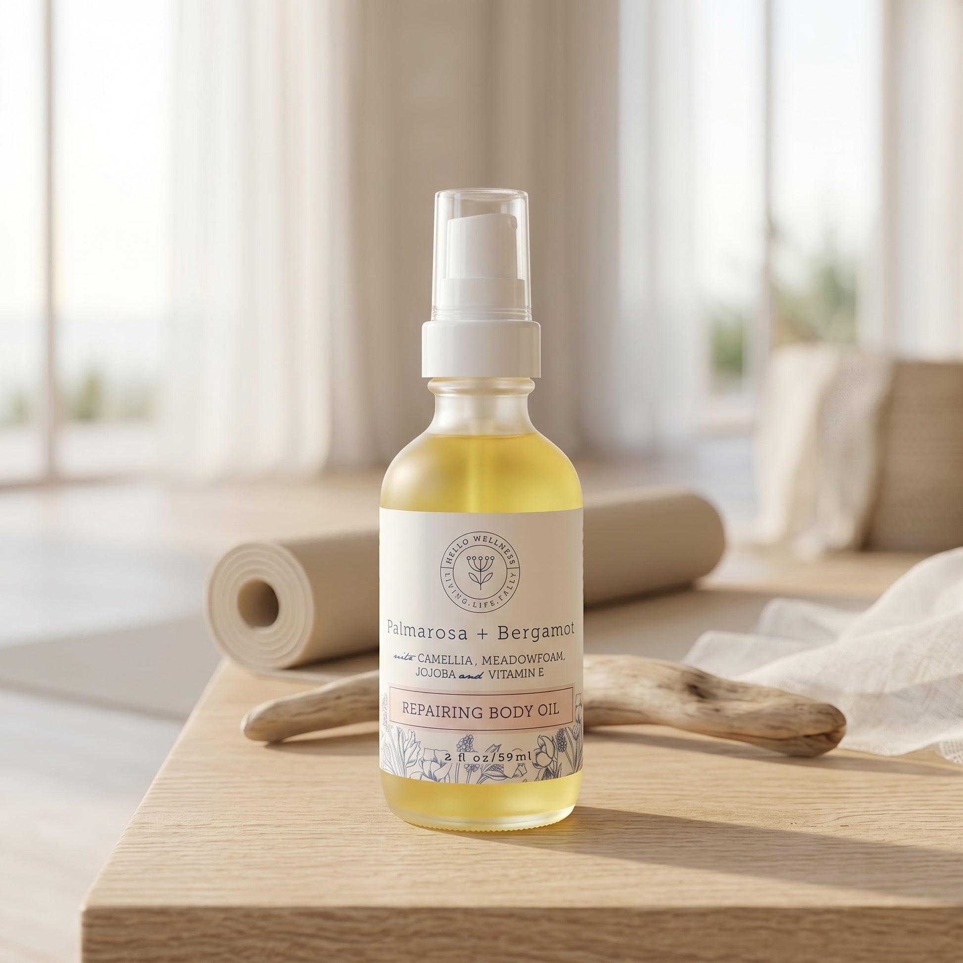 Bottle of repairing body oil on a wooden table with a blurred indoor background