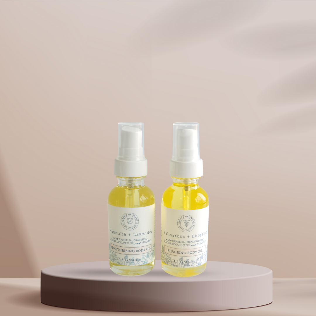Repair + Moisturize Body Oil Set Hello Wellness. Body oils to moisturize that deeply hydrate & repair dry skin.