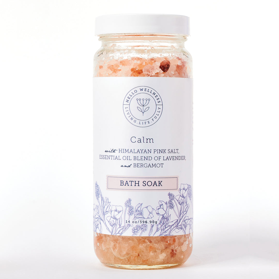 Calm Bath Soak in 16 oz glass jar. Revives sore muscles & reduces inflammation.  Hello Wellness
