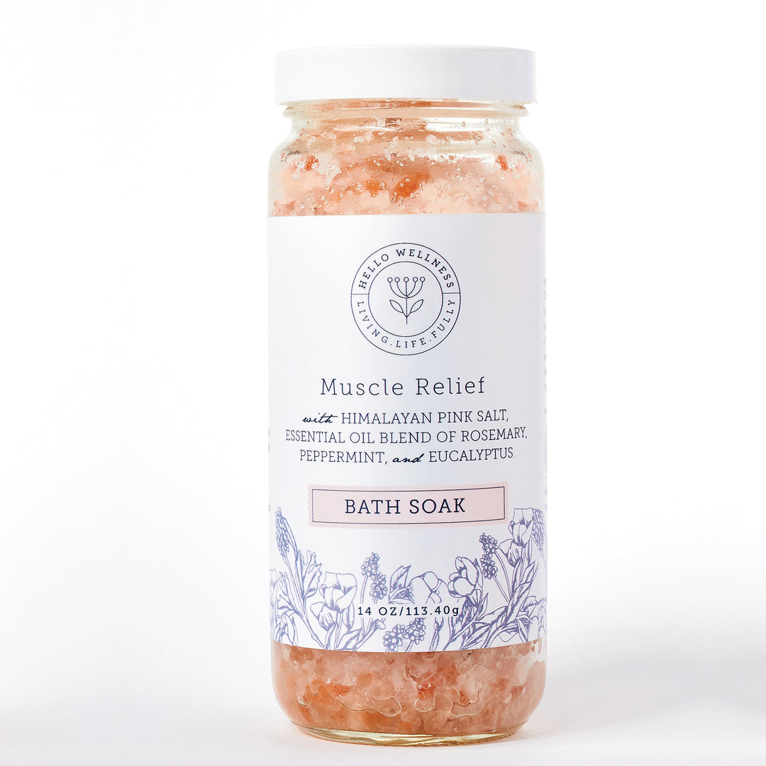 Muscle Relief Bath Salt Soak by Hello Wellness. Detoxify, Relax, and soothe sore tired muscles.