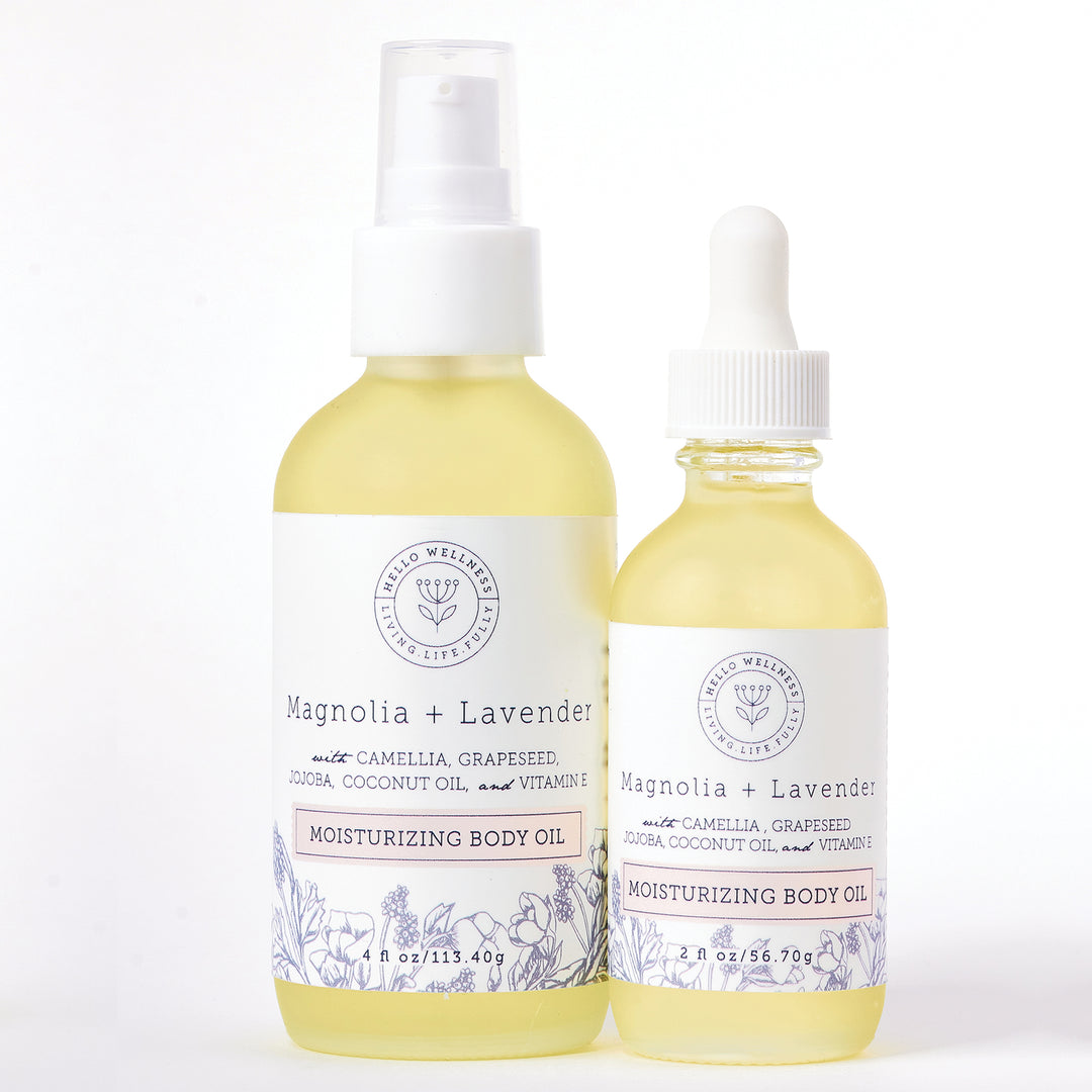 Magnolia + Lavender Soothing & Moisturizing Body Oil in 2 oz & 4 oz glass bottles by Hello Wellness Skincare
