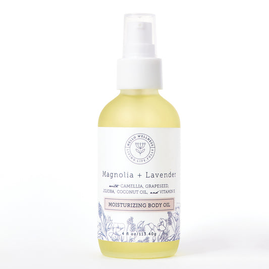 Magnolia + Lavender Soothing & Moisturizing Body Oil. Fast absorbing, body oil for hydrating & moisturizing skin.