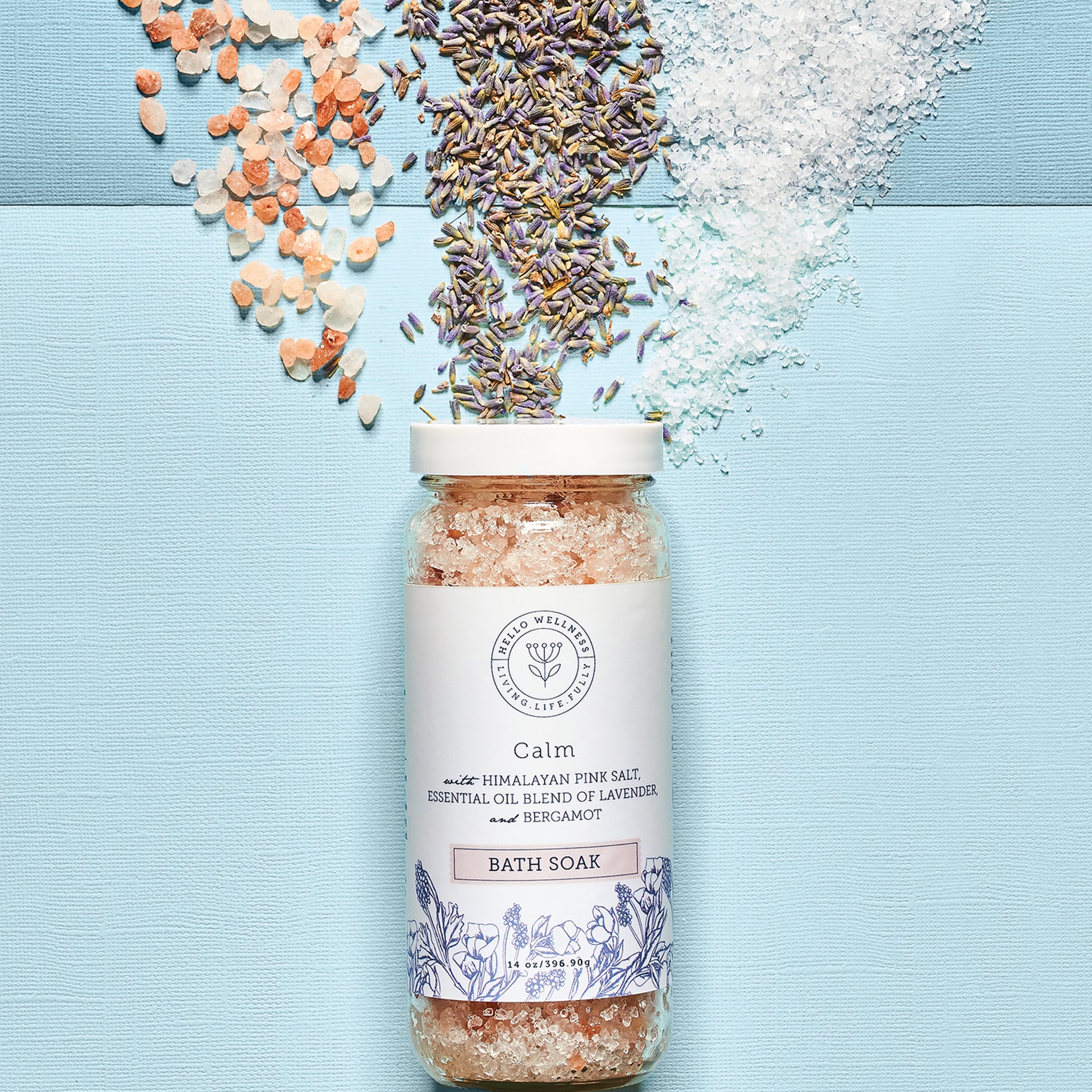 Calm Bath Soak with lavender, Himalayan pink salt, & dead sea salt. Revive sore, tired muscles. Hello Wellness