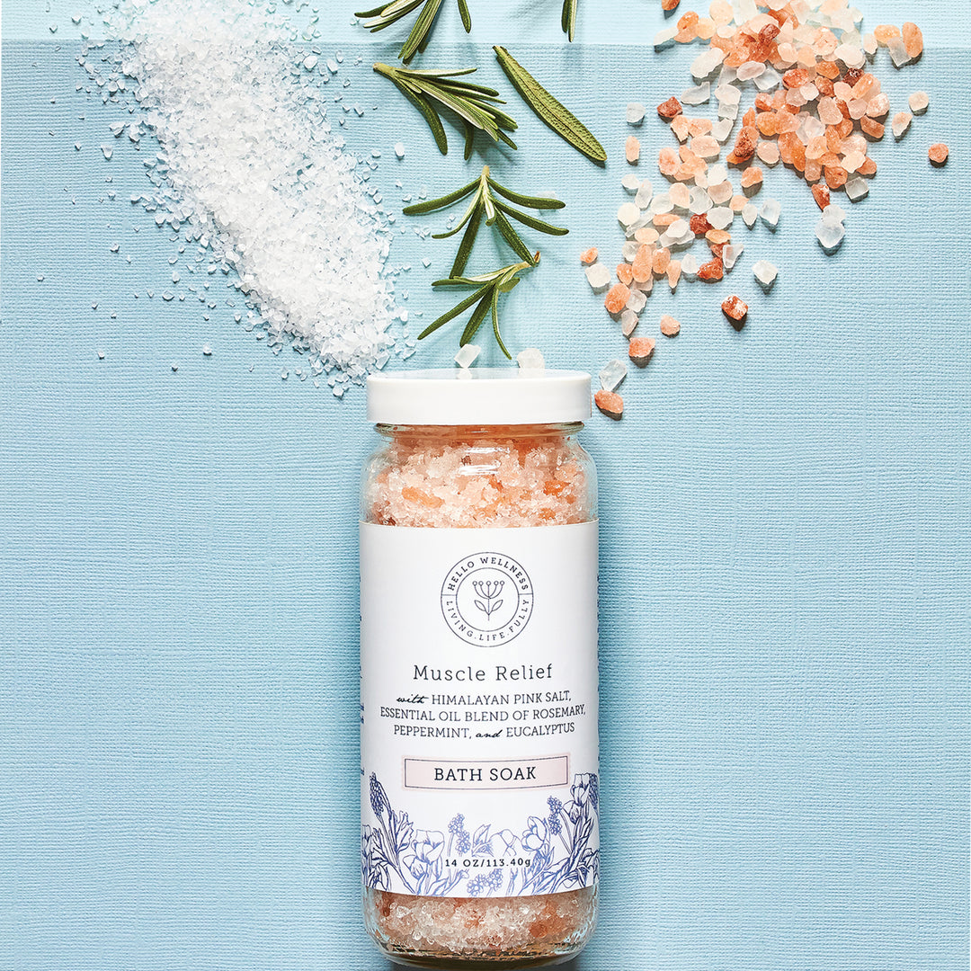 Muscle Relief Bath Salt with Himalayan pink & dead Sea salts. A refreshing blend of peppermint, eucalyptus, and rosemary oil.