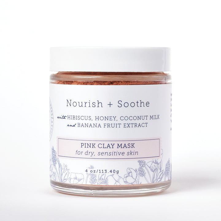 Nourish + Soothe Pink Clay Face Mask. Gently detoxify skin with pink clay, hibiscus, honey, coconut milk & banana extract.