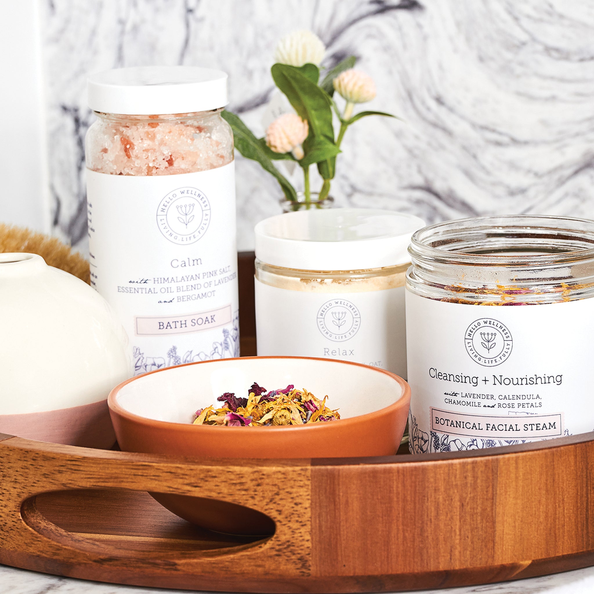 Self-Care Set, for an at-home luxurious spa experience. Coconut milk bath, calm soak & flower petals. Hello Wellness